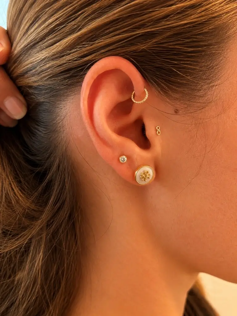 Oreille percée avec bijoux en or